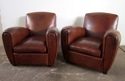 Pair of old straight club armchairs